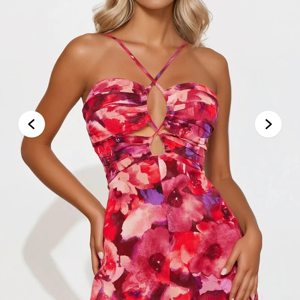 Fashion Nova Strapless Floral Dress - Red and Pink